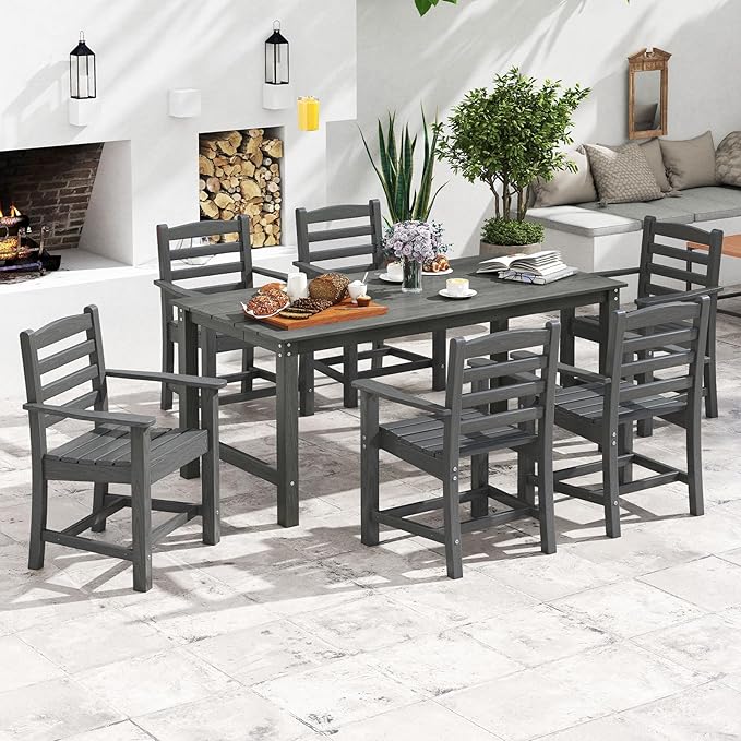 Tangkula Patio Dining Chairs Set of 4, HDPE All Weather Outdoor Chair w/Wide Armrests, Curved Seat, Wood Grain - Photo 4