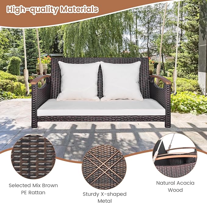 HAPPYGRILL 2-Seater Hanging Swing, Outdoor PE Rattan Hanging Swing with Curved Acacia Wood Armrests, Padded Cushions, Porch Swing Bench, Perfect for Patio Garden Deck, 800 lbs Weigh Capacity
