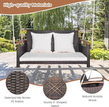 HAPPYGRILL 2-Seater Hanging Swing, Outdoor PE Rattan Hanging Swing with Curved Acacia Wood Armrests, Padded Cushions - Photo 6
