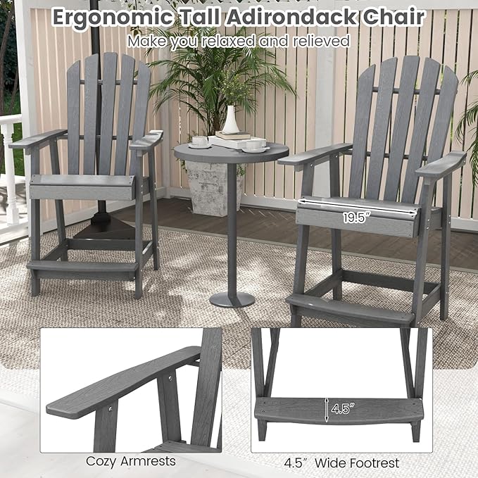 Giantex Tall Adirondack Chair Set of 2, HDPE Outdoor Bar Stools with Armrests, 4.5” Wide Footrest, Patio Adirondack Barstools, All-Weather Balcony Chairs for Poolside, Garden, Backyard (Grey)