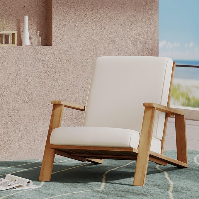Merax Acacia Wood Outdoor Chaise Lounge Chair, Patio Reading Lazy Recliner Sofa Couches Seating with Weather-Resistant Upholstered Cushions for Balcony Outside Pool, Beige