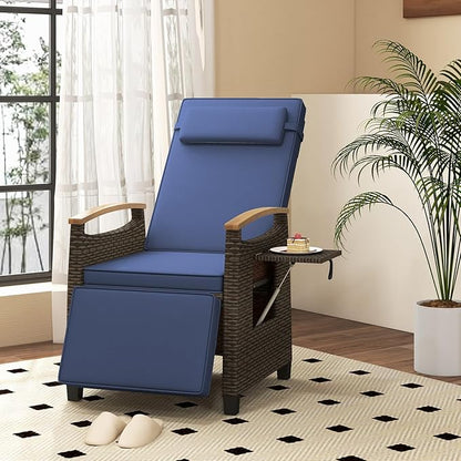 Tangkula Patio Wicker Recliner Chair, Rattan Lounge Chair w/Adjustable Backrest & Footrest, Flip Side Table, Push Back Reclining Seat w/Cushion for Backyard, Porch, Lawn (1, Navy)