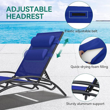 YITAHOME Outdoor Chaise Lounge Chair Set of 3, Pool Lounge Chairs with Side Table & 5-Position Adjustable Backrest, Sunbathing Recliner for Poolside, Backyard, Lawn, Deck - Navy