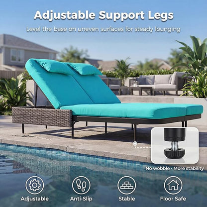 NICESOUL Double Chaise Lounge Outdoor, 51.2" Wide 2-Person Daybed with Independent Recline, Loveseat with 4" Thick Cushions, Heavy Duty All-Weather Wicker Sunbed for Patio Poolside Garden