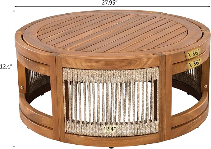 Merax 27.95" Acacia Wood Outdoor Coffee Table,Handwoven Rope Accent Boho Patio Table with All-Weather Durability,Teak - Photo 2