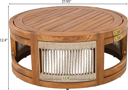 Christopher Knight Home Puekest Acacia Wood Coffee Table with Woven Rope Accents, Outdoor Patio Slatted Round Centerpiece, Boho Chic Garden Sofa Side Accent Table for Modern Decor, 27.95" W, Teak