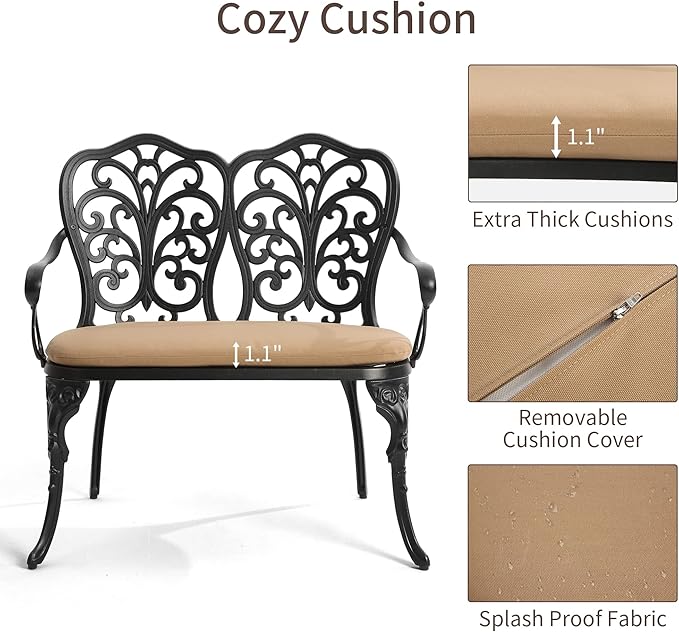 HOMEFUN Outdoor Bench with Cushion - Patio Garden Benches Metal Loveseat Butterfly Cast-Aluminum Outside Furniture for Park Lawn Front Porch Black