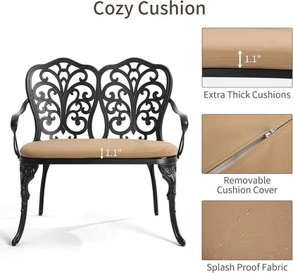 HOMEFUN Outdoor Bench with Cushion - Patio Garden Benches Metal Loveseat Butterfly Cast-Aluminum Outside Furniture for Park Lawn Front Porch Black