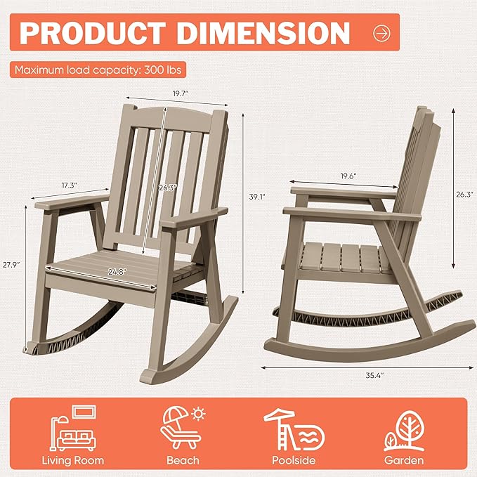 Flamaker Outdoor Rocking Chairs, PP Material Patio Rocking Chairs All Weather Resistant, Heavy Duty Rockers with High Back for Patio Backyard Porch (Light Brown)