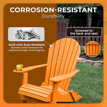 Ecommersify Folding Adirondack Chair with Cup Holder - (Bright Orange) - Heavy Duty Recycled Poly Lumber Folding Chair - Amish Crafted Outdoor Furniture - Made in USA