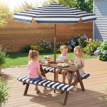 Costzon Kids Picnic Table, Wooden Toddler Outdoor Table & Bench Set with Removable Umbrella & Cushions, Stripe Fabric, Kids Outdoor Furniture for Patio Backyard Garden, Fits 4 Children Age 3+ (Navy)