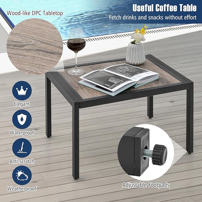 Tangkula 3 Piece Patio Chaise Lounge Set, Aluminum Patio Recliner with Coffee Table, 6-Level Backrest Adjustment, Outdoor Lounge Chair & Side Table Set for Poolside, Backyard (Black)