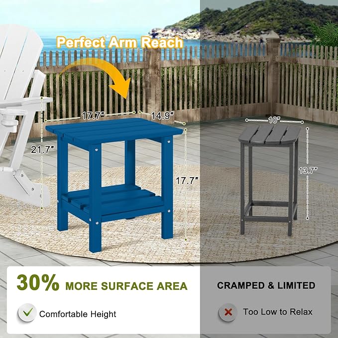 Adirondack Outdoor Side Table, 2-Tier Small Patio End Table, Weather Resistant HDPE Outdoor End Tables for Garden, Lawn, Pool, Beach, Porch, Deck, Backyard - Square, Dark Blue