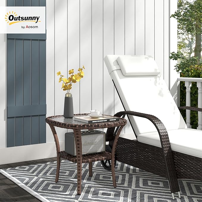 Outsunny Rattan Coffee Table with Storage Shelf, Wicker Side Table with Glass Top, Outdoor End Table for Garden, Porch, Backyard, Mix Brown