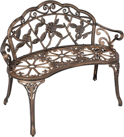 SSLine 38.5" Garden Patio Bench, Cast Aluminium Frame Antique Finish Rose Metal Outdoor Bench, Accented Lawn Front Porch Path Yard Decor Deck Furniture