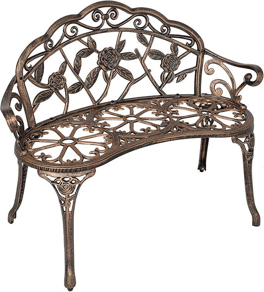 SSLine 38.5" Garden Patio Bench, Cast Aluminium Frame Antique Finish Rose Metal Outdoor Bench, Accented Lawn Front Porch Path Yard Decor Deck Furniture