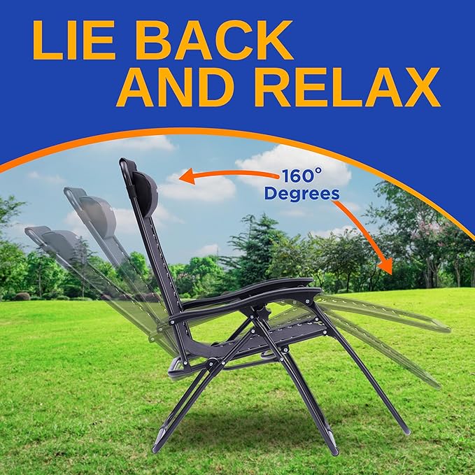 SereneLife Zero Gravity Outdoor Lounge Chairs 2 Pack – Folding Recliners with Side Table, Cup Holder & Padded Headrest – Adjustable Patio Chairs for Lawn, Garden, Deck, Camping (Black)