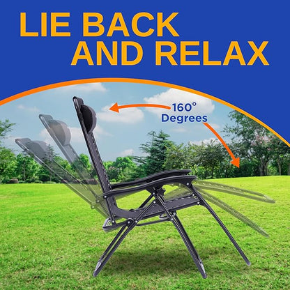 SereneLife Zero Gravity Outdoor Lounge Chairs 2 Pack – Folding Recliners with Side Table, Cup Holder & Padded Headrest – Adjustable Patio Chairs for Lawn, Garden, Deck, Camping (Black)