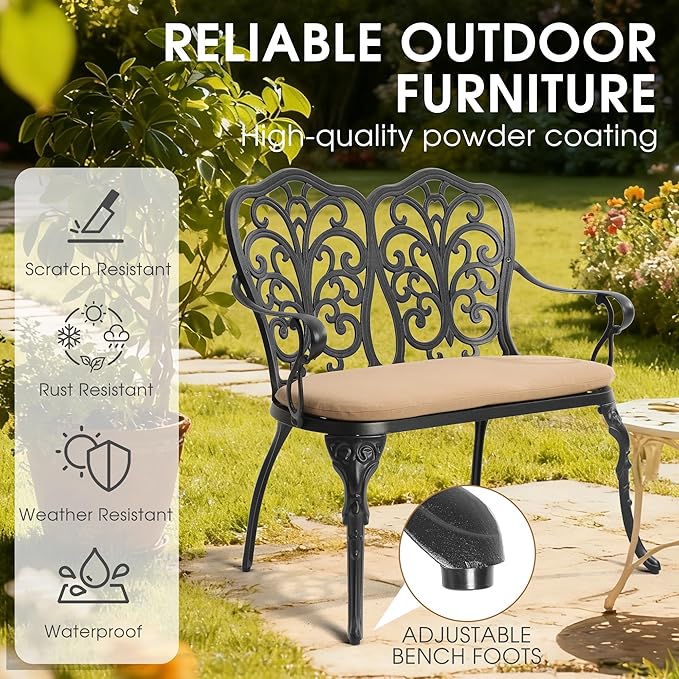 Outdoor Bench with Cushion, Cast Aluminum Double Seating with Backrest and Armrests, Mental Outdoor Furniture for Patio, Porch, Garden, Park, Black Butterfly