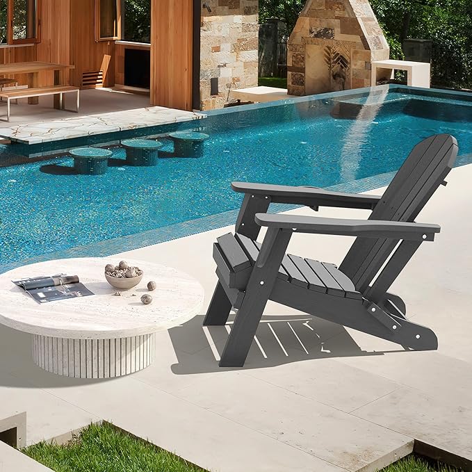 LOUNZY Folding Adirondack Chair with Cup Holder, HDPE All-Weather Folding Patio Chair - Photo 2