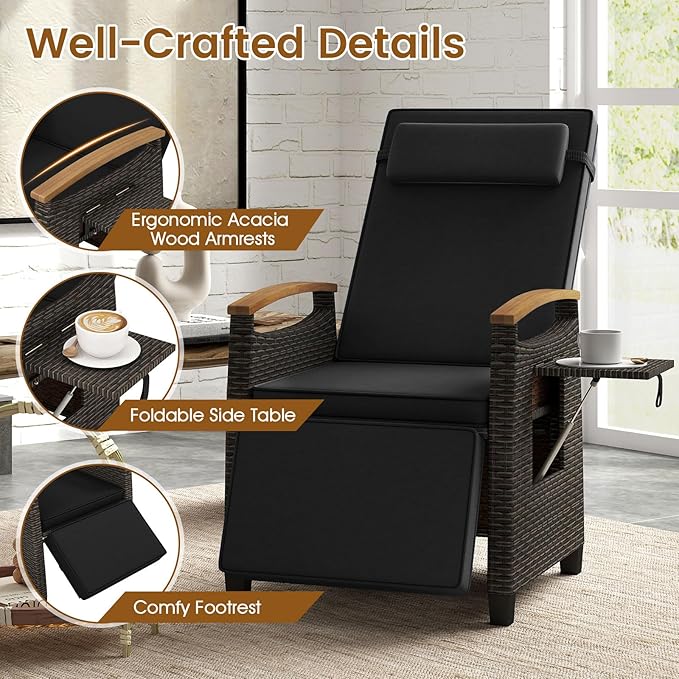 HAPPYGRILL Outdoor Rattan Wicker Chaise Lounge Recliner Chair with Adjustable Backrest & Footrest - Photo 7