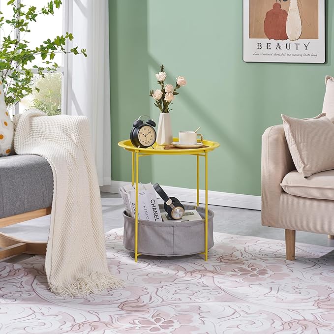 VECELO Round Side/End Table with Fabric Storage Basket，Metal Anti-Rust and Waterproof Small Bedside Nightstand with - Photo 2