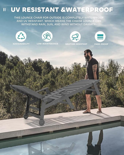 SERWALL Patio Chaise Lounge Chair Set of 6, 5 Positions Adjustable Poly Outdoor Lounger for Pool, HDPE Lounge Chair with Rolling Wheels & Cup Holder for Poolside, Deck, Slate Gray