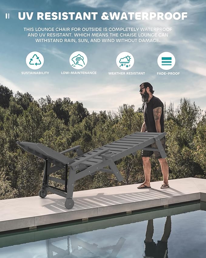 SERWALL Patio Chaise Lounge Chair, 78'' Long HDPE 5 Positions Adjustable Outdoor Lounger - Photo 7