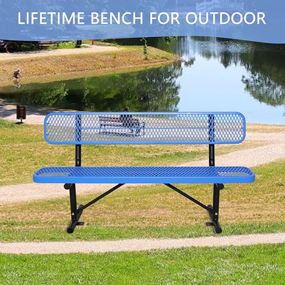 6 Ft Metal Park Bench for Outside, All-Weather Thermoplastic Coating Outdoor Bench with Backrest, Commercial Heavy Duty Benches for Shopping Malls, Stores, Parks, Patios, Decks, Blue
