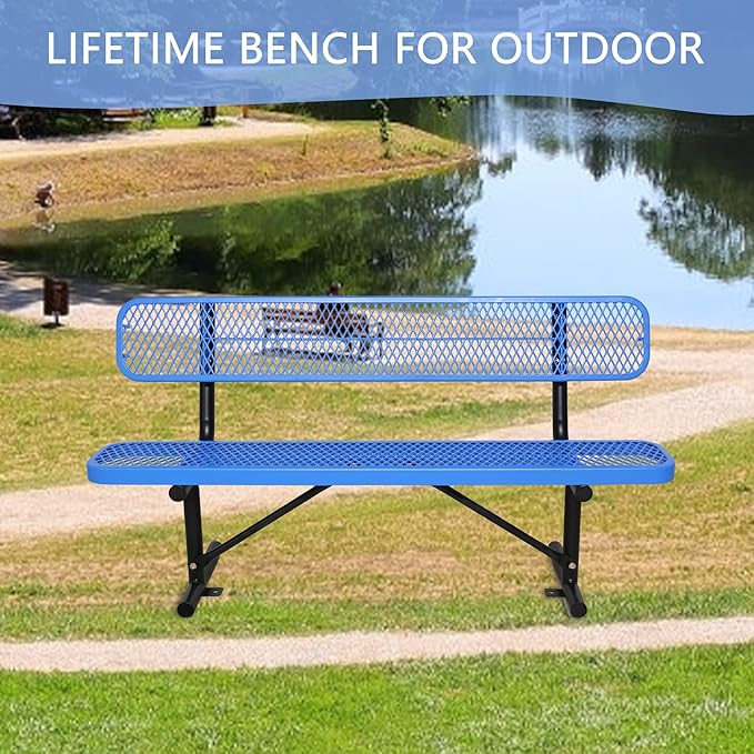 6FT Outdoor Metal Bench Park Benches for Outside, Blue Heavy Duty Long Steel Bench with Back, Commercial Garden Bench Expanded Metal Bench Seat for Lawn, Park, Deck, Garden, Patio, Porch