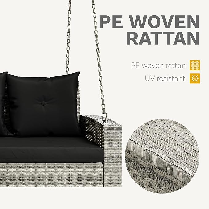 DWVO 3-Seats Wicker Hanging Porch Swing Chair Outdoor Gray Rattan Patio Swing Lounge 3 Back Cushions Capacity for Garden - Photo 5