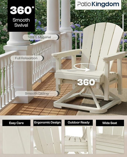 HDPE Swivel Glider Chair Outdoor, Weather Resistant Adirondack Outside Rocking Chair, Wooden Textured Outdoor Swivel Chair Set of 6 for Porch, Balcony, Poolside, Backyard (White)