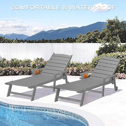 Outdoor Chaise Lounge Chair with Wheels, 6.3ft Full-Length Patio Pool Lounge Chairs,5-Position Adjustable Backrest (Flat Recline), Flip-Down Side Tray,HIPS All-Weather for Poolside, Deck,Beach
