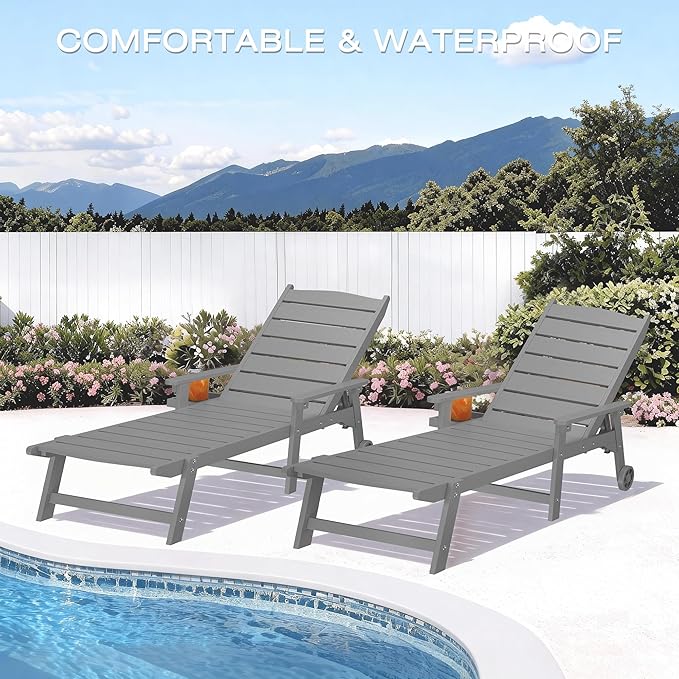 Pool Lounge Chairs Set of 2, 6.3ft Full-Length Patio Pool Lounge Chairs,5-Position Adjustable Backrest (Flat Recline), Flip-Down Side Tray,HIPS All-Weather for Poolside, Deck,Backyard, Beach