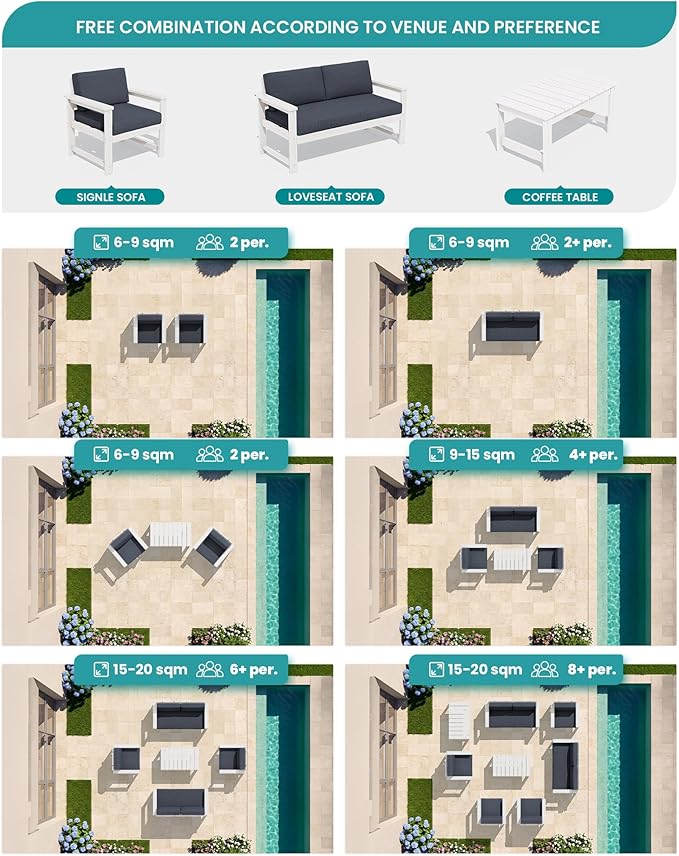 SERWALL HDPE Outdoor Loveseat with Cushions, All Weather Use Outdoor Loveseat Sofa, White Frame/Grey Cushion - Photo 5