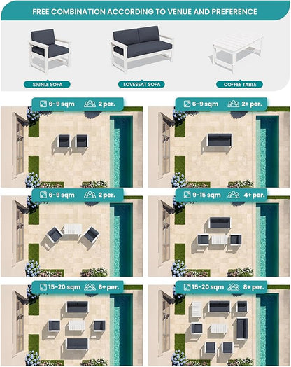 SERWALL HDPE Outdoor Loveseat with Cushions, All Weather Use Outdoor Loveseat Sofa, White Frame/Grey Cushion