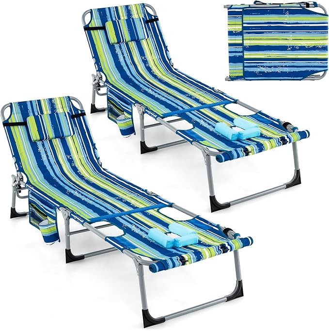 GYMAX Tanning Chair, 330LBS Beach Lounge Chair w/Face Arm Hole & Hand Shoulder Strap, Folding Layout Sunbathing Chair, Face Down Outdoor Chaise Lounger for Patio, Poolside, Backyard (2, Blue Stripe)