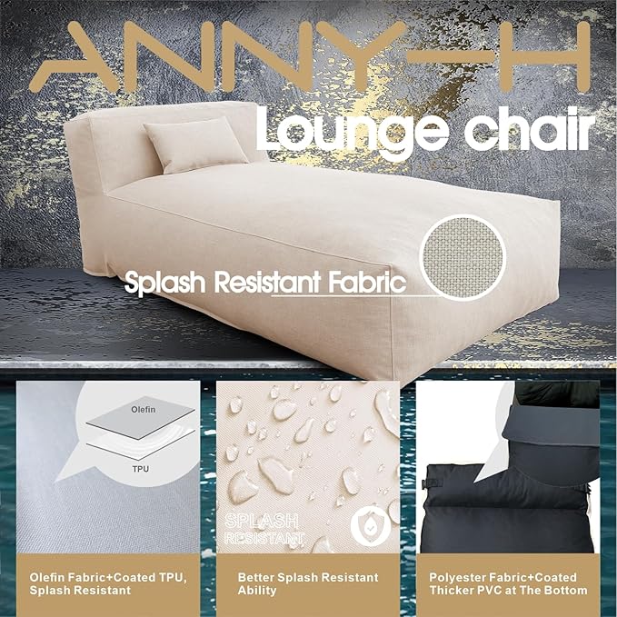 Dineli Modern ANNY-H Lounge Chair Outdoor Bed Lounger Outdoor Couch Sofa Comfy Patio Furniture Dense Foam Pool Loungers Lazy Sofa for Outside, Water-Resistant Sunbed (Light Beige, 70'' Length)