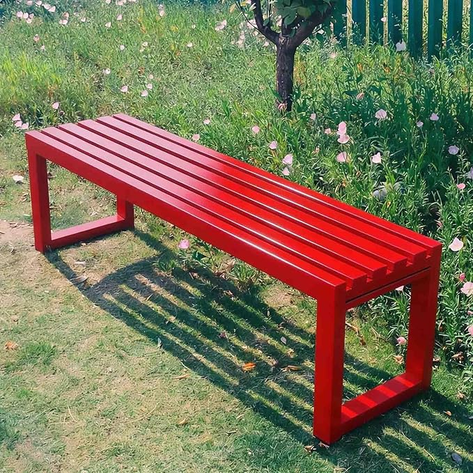 Outdoor Metal Backless Bench 3.3/3.9/4.9/5.9ft Weatherproof Heavy Duty Patio Benches Porch Seating 2-Person Dining Benches Garden Metal Bench Multifunctional Slat Furniture Chair(Red,3.3ft)