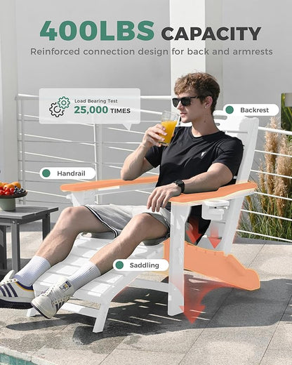Folding Adirondack Chair with Retractable Ottoman, Weather Resistant Fire Pit Chair Patio Chair with 2 Cup Holder Lawn Outdoor Lounge Chair (White)