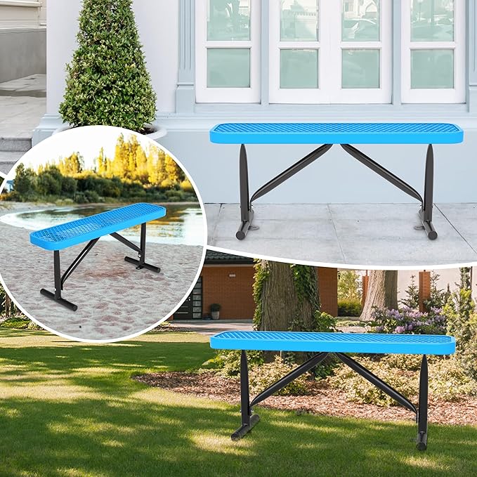 4 Feet Outdoor Steel Bench, Blue Heavy Duty Metal Park Bench for Outside, Weatherproof Dock Bench, 48" L Commercial Benches Mesh Bench for Shopping Mall, Store, Lawn, Park, Patio, Deck, Garden