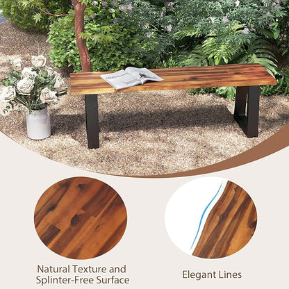 Tangkula Acacia Wood Outdoor Bench, Heavy Duty 2 Person Patio Backless Dining Bench with Metal Frame & Adjustable Foot Pads, Outside Bench for Poolside, Front Porch, Deck (2)