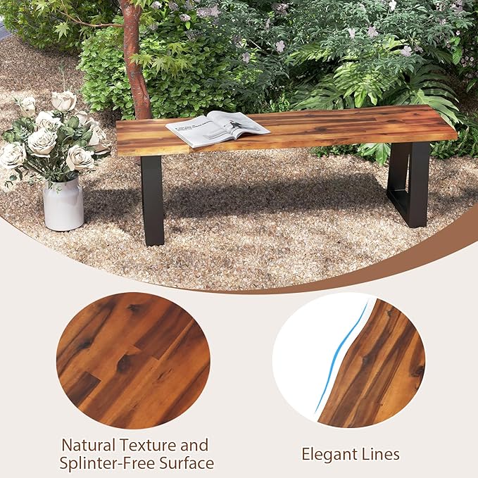 Tangkula Acacia Wood Outdoor Bench, Heavy Duty 2 Person Patio Backless Dining Bench with Metal Frame & Adjustable Foot Pads, Outside Bench for Poolside, Front Porch, Deck (1)