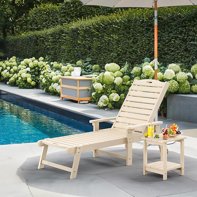 LUE BONA Lounge Chair Outdoor, HDPS Chaise Lounge Outdoor with Wheels, 5 Positions Adjustable Pool Lounger Chairs for Outside, Patio, Sand