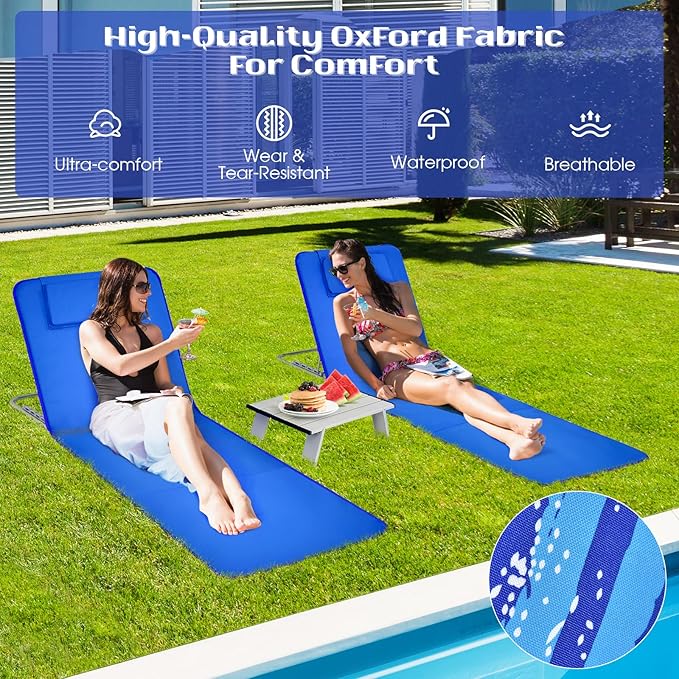 Tangkula 3 Pieces Beach Chairs for Adults, Lightweight Lawn Lounge Chairs with 5 Adjustable Recline Position, Zipper Pocket, Backpack 2 Pack Beach Chairs Set with Folding Side Table (Blue)