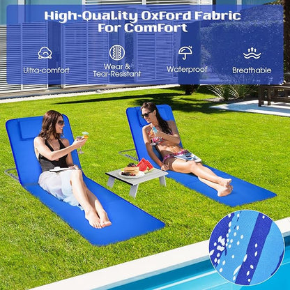 Tangkula 3 Pieces Beach Chairs for Adults, Lightweight Lawn Lounge Chairs with 5 Adjustable Recline Position, Zipper Pocket, Backpack 2 Pack Beach Chairs Set with Folding Side Table (Blue)