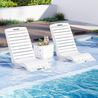 MELLCOM HDPE Pool Lounge Chairs Set of 2, in Pool Lounge Chairs up to 10-Inches of Water, Chaise Lounge Chairs with Wheels, S Shape Patio Lounge Chairs for Pool, Deck, Garden, Beach, White