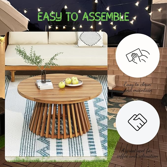 Acacia Wood Patio Coffee Table, Patio Outdoor Acacia Wood Round Coffee Table for Backyard, Lawn, Balcony, Teak Finish, Teak