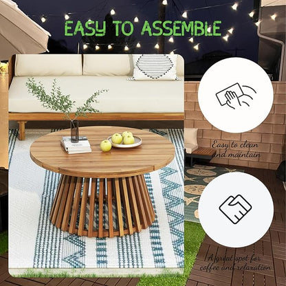 Acacia Wood Patio Coffee Table, Patio Outdoor Acacia Wood Round Coffee Table for Backyard, Lawn, Balcony, Teak Finish, Teak
