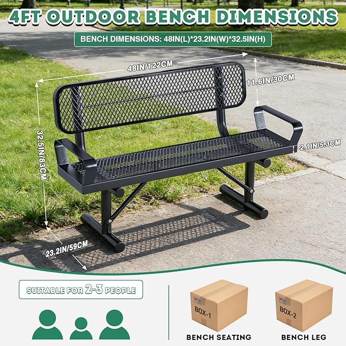 Ceridwen Outdoor Benches Heavy Duty Steel Frame Park Bench with Backrest Bench,Park Bench Steel Mesh Outdoor Bench for Garden,Weatherproof Outdoor Bench for Garden (Black with Armrests, 4FT)